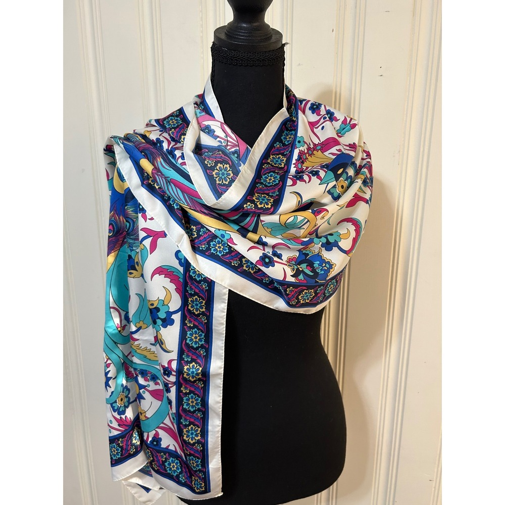 Silk Art Bursa Turkey 100% Silk Peacock Floral Rectangle Large Scarf Wrap 22x62